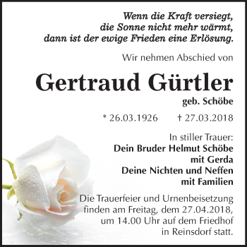Traueranzeige von Gertraud Gürtler von Mitteldeutsche Zeitung
