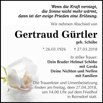 Traueranzeige von Gertraud Gürtler von WVG - Wochenspiegel Dessau / Köthen