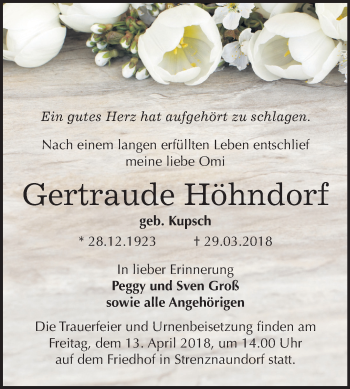 Traueranzeige von Gertraude Höhndorf von Mitteldeutsche Zeitung