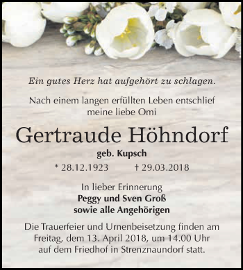 Traueranzeige von Gertraude Höhndorf von Super Sonntag Bernburg