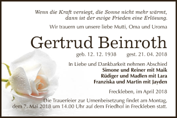 Traueranzeige von Gertrud Beinroth von Super Sonntag Aschersleben
