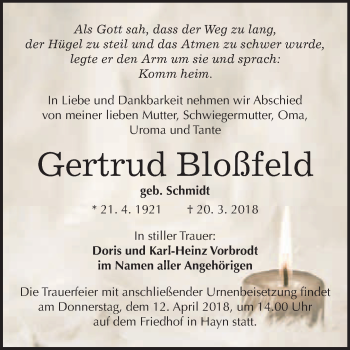 Traueranzeige von Gertrud Bloßfeld von WVG - Wochenspiegel Quedlinburg