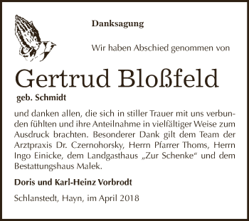 Traueranzeige von Gertrud Bloßfeld von Super Sonntag SGH Mansf. Land