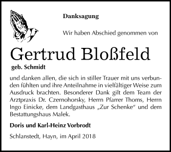 Traueranzeige von Gertrud Bloßfeld von Mitteldeutsche Zeitung