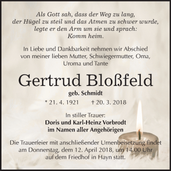 Traueranzeige von Gertrud Bloßfeld von Mitteldeutsche Zeitung Quedlinburg