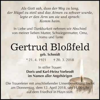 Traueranzeige von Gertrud Bloßfeld von Super Sonntag SGH Mansf. Land