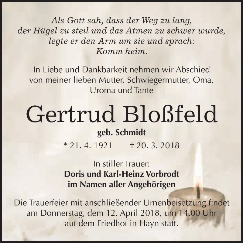  Traueranzeige für Gertrud Bloßfeld vom 07.04.2018 aus WVG - Wochenspiegel Quedlinburg