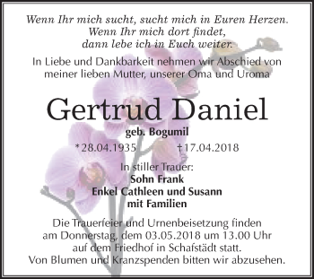 Traueranzeige von Gertrud Daniel von Mitteldeutsche Zeitung Merseburg/Querfurt