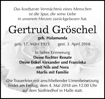 Traueranzeige von Gertrud Gröschel von Mitteldeutsche Zeitung Halle/Saalkreis