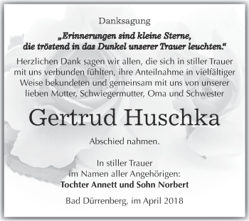 Traueranzeige von Gertrud Huschka von Super Sonntag Merseburg