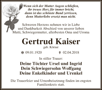 Traueranzeige von Gertrud Kaiser von WVG - Wochenspiegel Dessau / Köthen