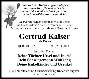 Traueranzeige von Gertrud Kaiser von Mitteldeutsche Zeitung Dessau-Roßlau
