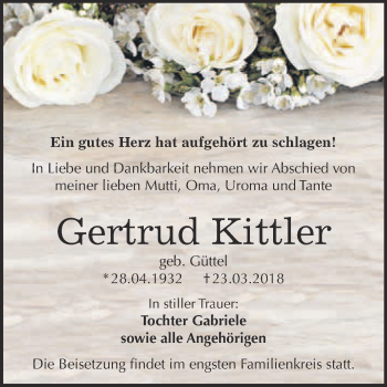 Traueranzeige von Gertrud Kittler von WVG - Wochenspiegel Bitterfeld