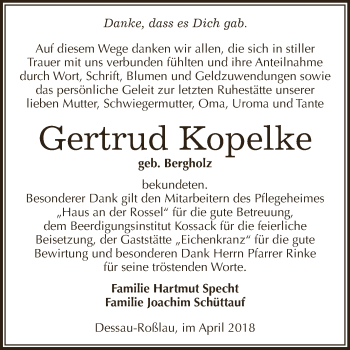 Traueranzeige von Gertrud Kopelke von WVG - Wochenspiegel Dessau / Köthen
