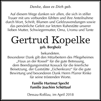 Traueranzeige von Gertrud Kopelke von Mitteldeutsche Zeitung
