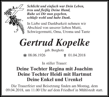 Traueranzeige von Gertrud Kopelke von WVG - Wochenspiegel Dessau / Köthen