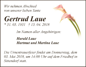 Traueranzeige von Gertrud Laue von Super Sonntag SGH Mansf. Land