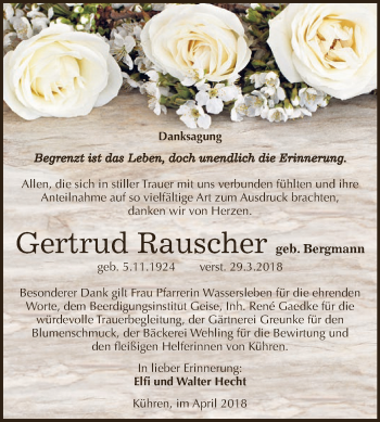 Traueranzeige von Gertrud Rauscher von WVG - Wochenspiegel Dessau / Köthen