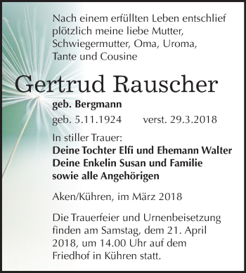 Traueranzeige von Gertrud Rauscher von Mitteldeutsche Zeitung Köthen