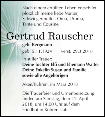 Traueranzeige von Gertrud Rauscher von WVG - Wochenspiegel Dessau / Köthen
