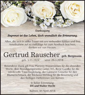 Traueranzeige von Gertrud Rauscher von Mitteldeutsche Zeitung Köthen