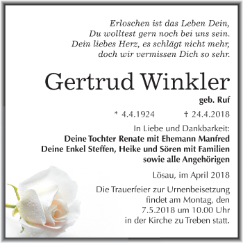 Traueranzeige von Gertrud Winkler von Mitteldeutsche Zeitung Weißenfels