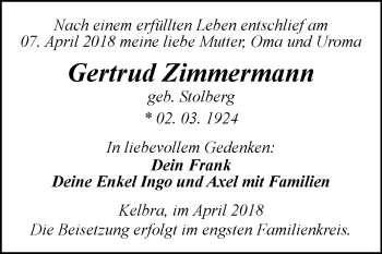 Traueranzeige von Gertrud Zimmermann von Mitteldeutsche Zeitung