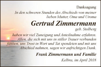 Traueranzeige von Gertrud Zimmermann von Super Sonntag SGH Mansf. Land