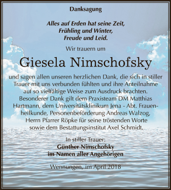 Traueranzeige von Giesela Nimschofsky von WVG - Wochenspiegel NMB / WSF / ZTZ