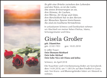 Traueranzeige von Gisela Großer von WVG - Wochenspiegel Wittenberg