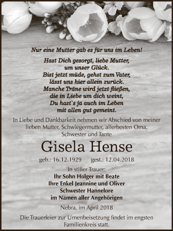 Traueranzeige von Gisela Hense von WVG - Wochenspiegel NMB / WSF / ZTZ