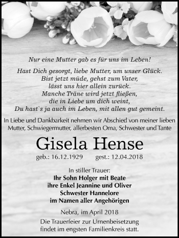 Traueranzeige von Gisela Hense von Mitteldeutsche Zeitung