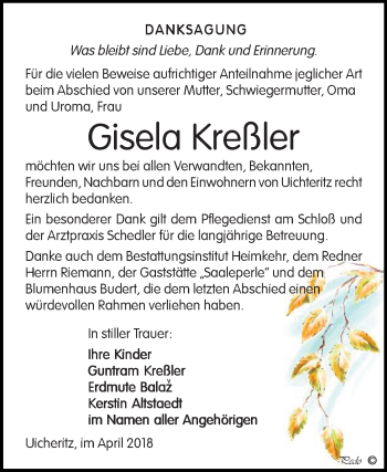 Traueranzeige von Gisela Kreßler von Mitteldeutsche Zeitung Weißenfels