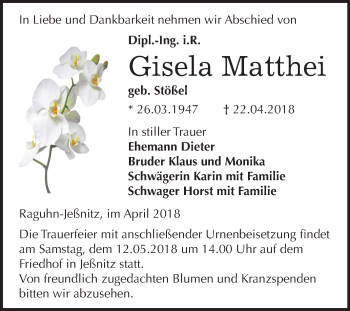 Traueranzeige von Gisela Matthei von Mitteldeutsche Zeitung Bitterfeld