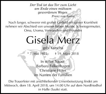 Traueranzeige von Gisela Merz von Mitteldeutsche Zeitung Halle/Saalkreis