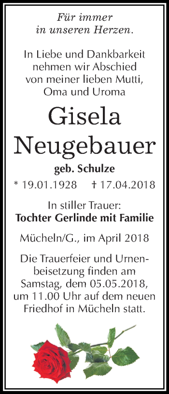 Traueranzeige von Gisela Neugebauer von Mitteldeutsche Zeitung Merseburg/Querfurt