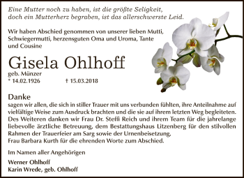 Traueranzeige von Gisela Ohlhoff von Wochenspiegel Mansfelder Land