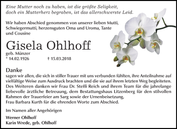 Traueranzeige von Gisela Ohlhoff von Mitteldeutsche Zeitung