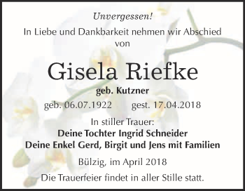 Traueranzeige von Gisela Riefke von Super Sonntag Wittenberg