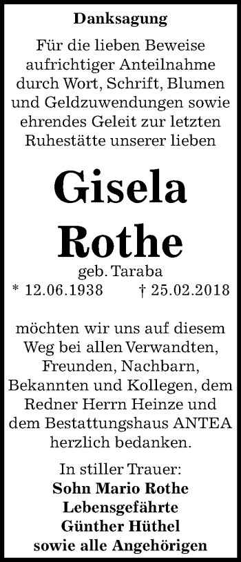 Traueranzeige von Gisela Rothe von Mitteldeutsche Zeitung Dessau-Roßlau