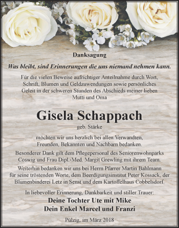 Traueranzeige von Gisela Schappach von WVG - Wochenspiegel Dessau / Köthen