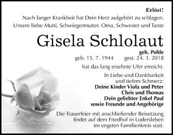 Traueranzeige von Gisela Schlolaut von Mitteldeutsche Zeitung Merseburg/Querfurt