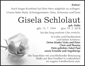 Traueranzeige von Gisela Schlolaut von WVG - Wochenspiegel Merseburg