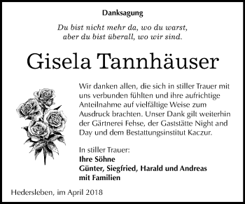 Traueranzeige von Gisela Tannhäuser von Mitteldeutsche Zeitung Quedlinburg
