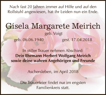 Traueranzeige von Gisela Margarete Meirich von Super Sonntag Aschersleben