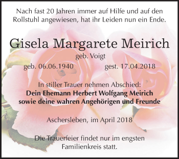 Traueranzeige von Gisela Margarete Meirich von Mitteldeutsche Zeitung Aschersleben
