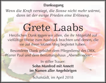 Traueranzeige von Grete Laabs von WVG - Wochenspiegel Merseburg