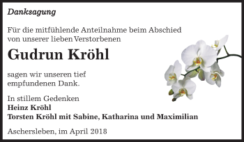 Traueranzeige von Gudrun Kröhl von Mitteldeutsche Zeitung Aschersleben