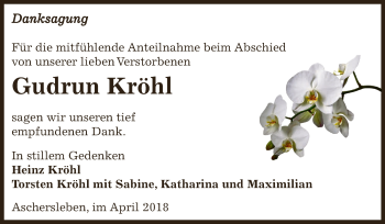 Traueranzeige von Gudrun Kröhl von Super Sonntag Aschersleben
