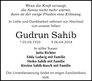 Traueranzeige von Gudrun Sahib von Mitteldeutsche Zeitung Halle/Saalkreis
